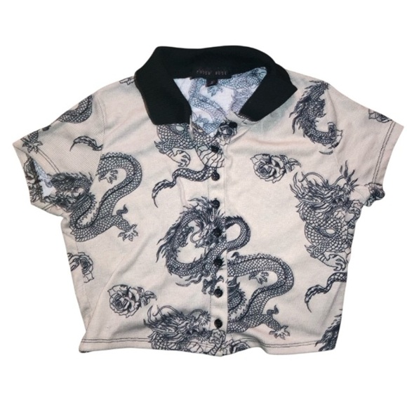 Faded Rose Women’s Black and Tan Dragon Print Crop Top | Size Small - Picture 1 of 7